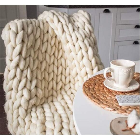 Chunky Knit Blanket Hand Made Merino Wool Throw Boho (Ivory White 40"x60") - Picture 1 of 8